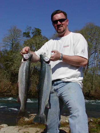 Steve with a Nice Pair of North Umpqua Winter Steelhead.  Both Caught Side Drifting Bait March 16th 2004.